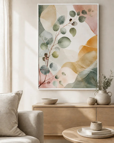 Eucalyptus Reverie Floating Frame Canvas Wall Art - Portrait - 40W x 50H cm - Natural Birch