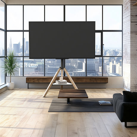 FIN 32-75 Inch Swivel Tripod TV Stand Stable Wooden Legs TV Mount with Marble Shelf