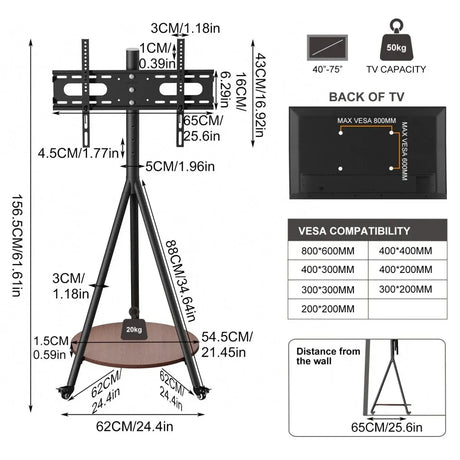 Movable Tripod Floor TV Stand with Wheels & Shelf for 40-75 Inch TVs - Height Adjustable Freestanding TV Mount up to 50kg - Black