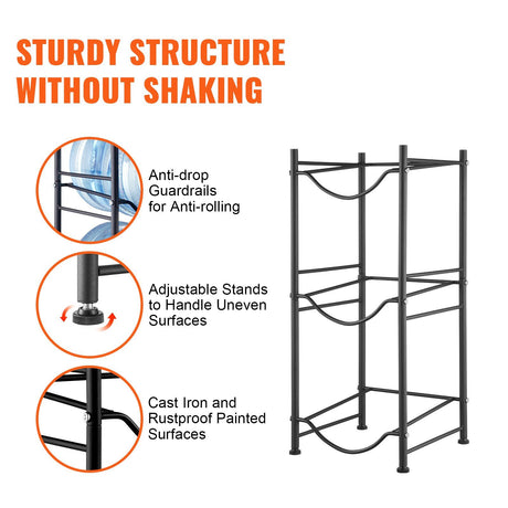 3 Tier 5 Gallon Water Bottle Holder Heavy Duty Single Row Water Jug Rack for 3 Bottles Kitchen Office Living Room Black