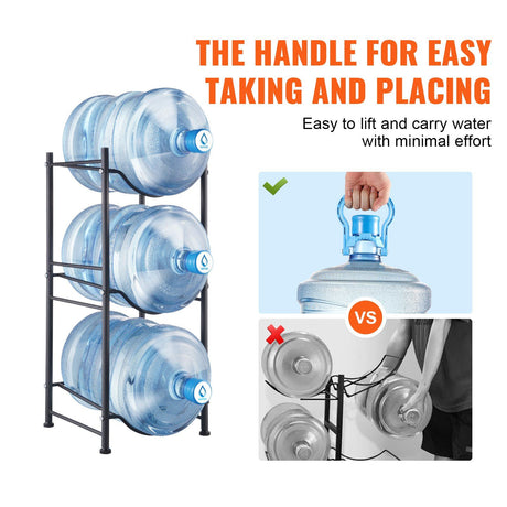3 Tier 5 Gallon Water Bottle Holder Heavy Duty Single Row Water Jug Rack for 3 Bottles Kitchen Office Living Room Black