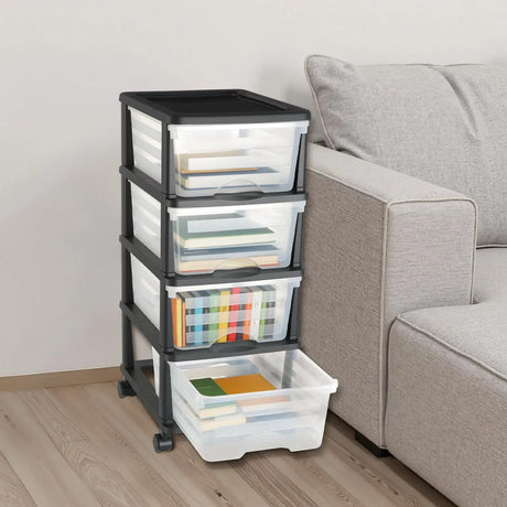 Plastic Storage Drawers Cart, 4 Drawers Storage Organizer with Wheels, Rolling Closet Organization and Storage Dividers, Dresser Organizer Clear Bins for Office Supplies, Craft Rooms, Classrooms