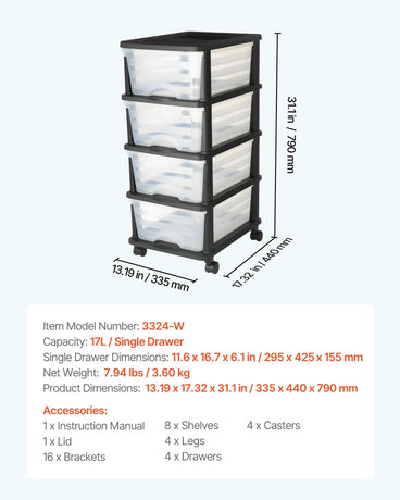 Plastic Storage Drawers Cart, 4 Drawers Storage Organizer with Wheels, Rolling Closet Organization and Storage Dividers, Dresser Organizer Clear Bins for Office Supplies, Craft Rooms, Classrooms