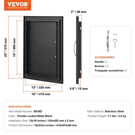 BBQ Access Door 415 x 570 mm - Flush Mount Outdoor Kitchen Cabinet Door Matte Black Reversible for BBQ Island