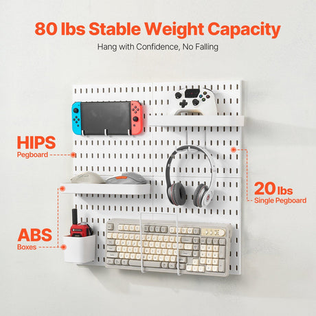 280 x 280 mm Plastic Pegboard Set, 4-Panel Combination Wall Organizer Kit with Accessories, Storage Solution for Garage, Kitchen, Craft Room, Office & Bathroom, White