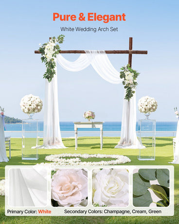 White Artificial Wedding Arch Flower Kit with Sheer Drape (3-Piece Set) - 2 Floral Arrangements & 1 Drape Panel for Ceremony Arch, Reception Backdrop & Bouquet Decor