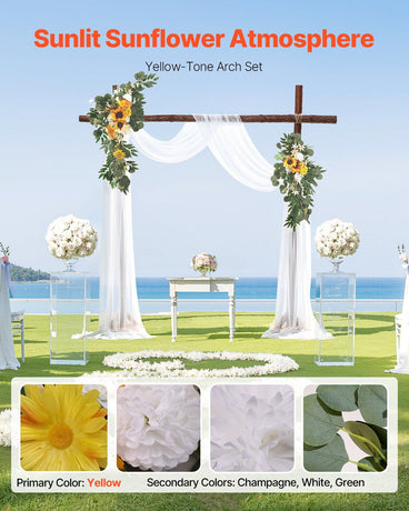 Yellow Artificial Wedding Arch Flower Kit with Sheer Drape (3-Piece Set) - 2 Floral Arrangements & 1 Drape Panel for Ceremony Arch, Reception Backdrop & Bouquet Decor