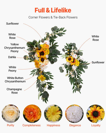 Yellow Artificial Wedding Arch Flower Kit with Sheer Drape (3-Piece Set) - 2 Floral Arrangements & 1 Drape Panel for Ceremony Arch, Reception Backdrop & Bouquet Decor