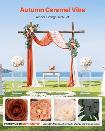 Orange Artificial Wedding Arch Flower Kit with Sheer Drapes (4-Piece Set) - 2 Floral Arrangements & 2 Drape Panels for Ceremony Arch, Reception Backdrop & Bouquet Decor