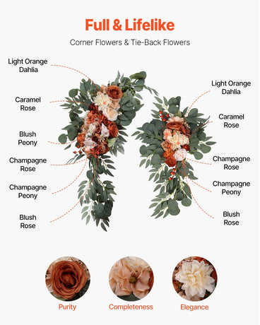 Orange Artificial Wedding Arch Flower Kit with Sheer Drapes (4-Piece Set) - 2 Floral Arrangements & 2 Drape Panels for Ceremony Arch, Reception Backdrop & Bouquet Decor