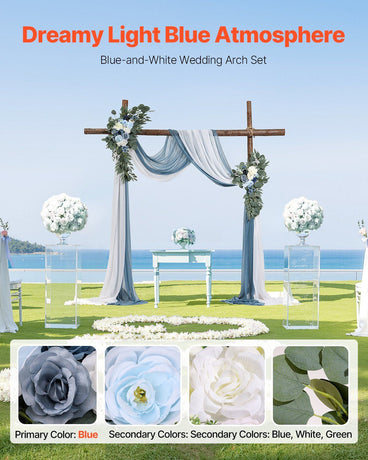 Blue Artificial Wedding Arch Flower Kit with Sheer Drapes (4-Piece Set) - 2 Floral Arrangements & 2 Drape Panels for Ceremony Arch, Reception Backdrop & Bouquet Decor