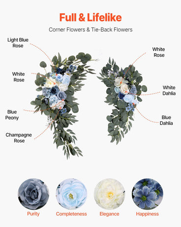 Blue Artificial Wedding Arch Flower Kit with Sheer Drapes (4-Piece Set) - 2 Floral Arrangements & 2 Drape Panels for Ceremony Arch, Reception Backdrop & Bouquet Decor
