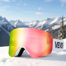Frameless Ski Goggles, Magnet Cylindrical Lens with Pink Revo Coating, Fit for Skiing, Skating, Snowboarding