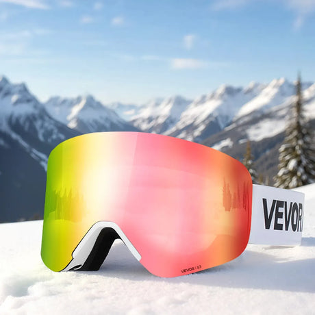 Frameless Ski Goggles, Magnet Cylindrical Lens with Pink Revo Coating, Fit for Skiing, Skating, Snowboarding