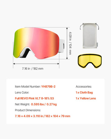 Frameless Ski Goggles, Magnet Cylindrical Lens with Pink Revo Coating, Fit for Skiing, Skating, Snowboarding