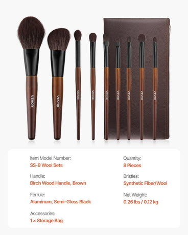 9-Piece Makeup Brush Set for Foundation Blending Eyeshadow, Professional Makeup Brush Kit with Soft Natural Wool & Vegan Synthetic Bristles, Ergonomic Wood Handle, Travel-Friendly Storage Bag