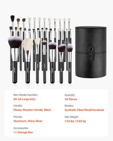 34-Piece Makeup Brush Set, Ergonomic Wood Handle, Travel-Friendly Case Included