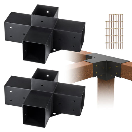 2 Pack 4 Way Pergola Bracket Kit for 4x4 Posts Heavy Duty Corner Brackets DIY Wood Post Base for Gazebo Patio Pergola Log Cabin Outdoor