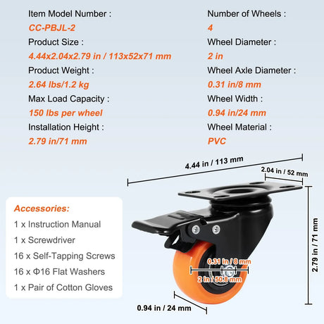 Caster Wheels, 50.8 mm Swivel Plate Casters, Set of 4, Heavy Duty 68 kg Load Capacity Per Caster