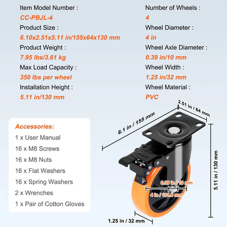 Caster Wheels, 101.6 mm Swivel Plate Casters, Set of 4, Heavy Duty 159 kg Load Capacity Per Caster