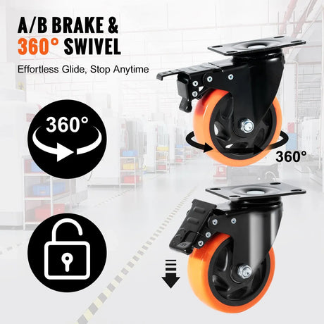 Caster Wheels, 101.6 mm Swivel Plate Casters, Set of 4, Heavy Duty 159 kg Load Capacity Per Caster