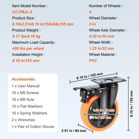 Caster Wheels, 127 mm Swivel Plate Casters, Set of 4, Heavy Duty 204 kg Load Capacity Per Caster