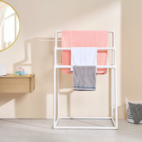 8 Bar Freestanding PVC Towel Rack Outdoor Pool Towel Holder Stand for Hot Tub Bathroom Spa White