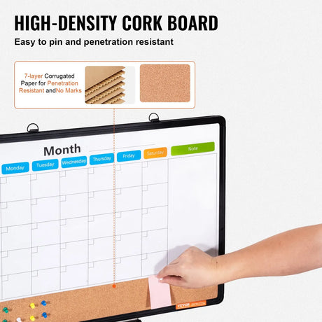 24x 18 Monthly Calendar Whiteboard & Cork Board Combo with Aluminum Frame 2-in-1 Magnetic Dry Erase Bulletin Board for