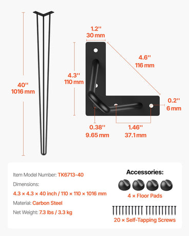 4 Pack Hairpin Table Legs 101.6cm Black Heavy Duty 3 Rod Carbon Steel Furniture Legs for Desk Dining Table Bench End Table DIY Each Supports 99.8kg