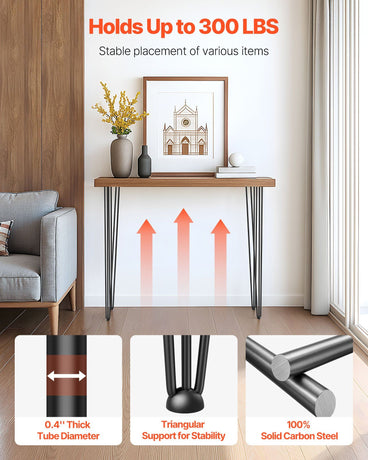 4 Pack Hairpin Table Legs 101.6cm Black Heavy Duty 3 Rod Carbon Steel Furniture Legs for Desk Dining Table Bench End Table DIY Each Supports 99.8kg