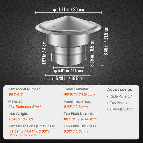 Chimney Cap 6 inch 304 Stainless Steel Round Roof Rain Cap Cover with Mesh Weather Resistant Flue Protector for Wood Stoves Oil Stoves and Outdoor Chimneys