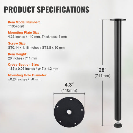 711.2mm Adjustable Desk Legs - Heavy Duty Reinforced Steel Table Legs Set of 4 with 544.3kg Load Capacity Black