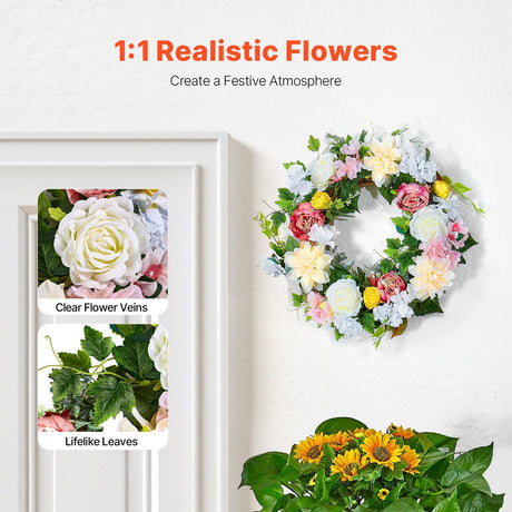 Artificial Decorative Wreath 60.96cm White Pink Yellow Peony Hydrangea Floral Wreath Year Round Faux Flower Wreath for Indoor Outdoor Home Wall Window Wedding Decor