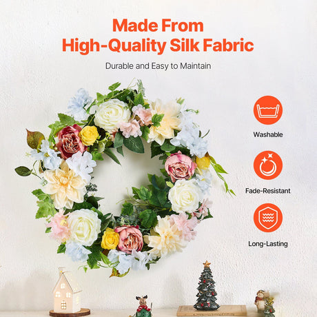 Artificial Decorative Wreath 60.96cm White Pink Yellow Peony Hydrangea Floral Wreath Year Round Faux Flower Wreath for Indoor Outdoor Home Wall Window Wedding Decor