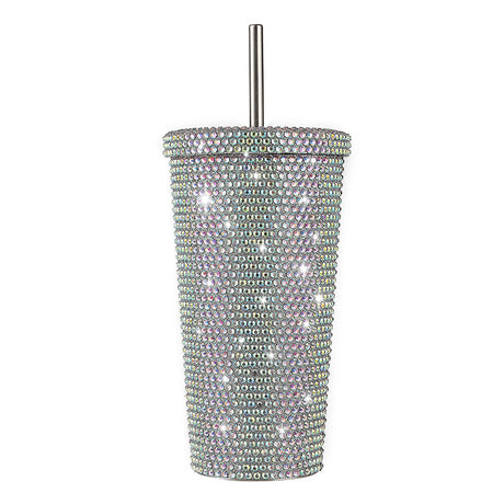 Diamond-Inlaid Insulated Stainless Steel Cup with Straw - Double-Walled, Rhinestone Coffee Mug, Gift Cup for Beverages