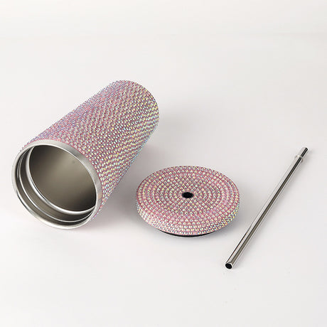 Diamond-Inlaid Insulated Stainless Steel Cup with Straw - Double-Walled, Rhinestone Coffee Mug, Gift Cup for Beverages