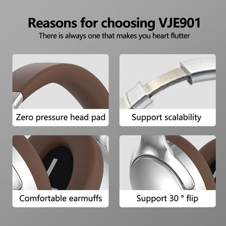 Black VJE901 Wireless Bluetooth Over-Ear Headphones with Active Noise Cancelling