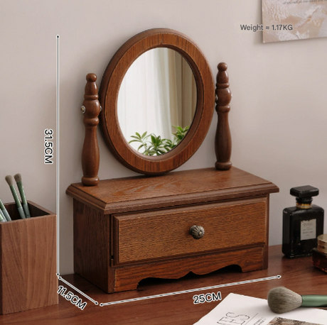 Orbicular Wooden Tabletop Vanity Mirror with Drawer, Elegant Design