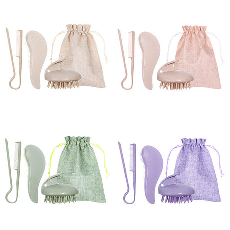 Pink Eco-Friendly Wheat Straw Hair Care Set - Massage Brush, Detangling Comb, and V-shaped Comb for All Hair Types