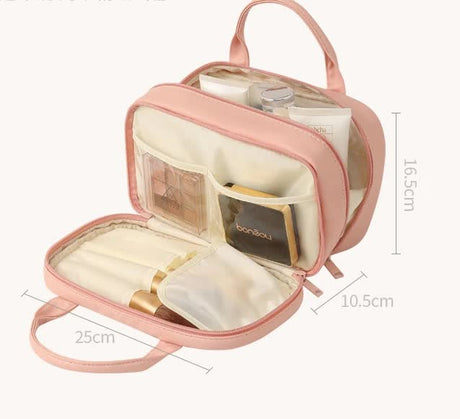 Blue Premium PU Leather Portable Makeup Bag - Large Capacity Waterproof Travel Cosmetic Organizer(Cosmetics are shooting props, not included)