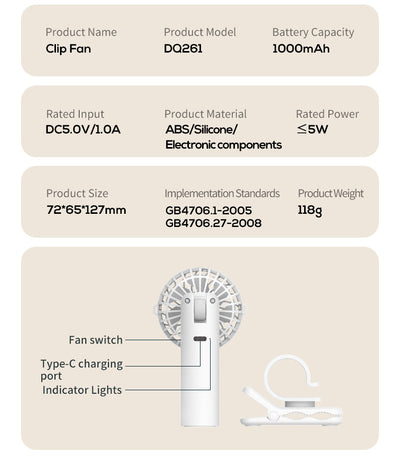 Apricot Portable Multifunctional Clip Fan DQ261 - 1000mAh Battery, 3-Speed, Quiet Cooling for Summer
