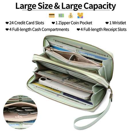 Women's Large Capacity Double Zip Wallet Clutch | PU Leather Floral Embossed Wristlet | Phone Holder with 24 Card Slots - Green