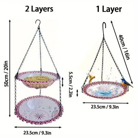 2 Set Grey Elegant Hanging Glass Bird Feeder - Double Tier for Garden Birds