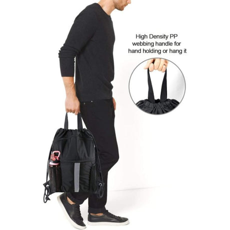 Black Multi-Pocket Drawstring Backpack Gym Bag with Zipper Compartments, Bottle Holders & Reflective Strip