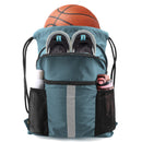 Blue Multi-Pocket Drawstring Backpack Gym Bag with Zipper Compartments, Bottle Holders & Reflective Strip