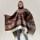 Red Women's Versatile Faux Cashmere Poncho Cape Shawl with Geometric Pattern & Fringe Trim - One Size