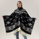 Red Women's Versatile Faux Cashmere Poncho Cape Shawl with Geometric Pattern & Fringe Trim - One Size