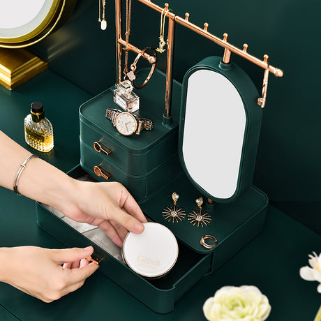 Elegant Cream Color Jewelry Organizer with Mirror - Multi-Layer Storage & Display Stand (25x15x37.5cm)