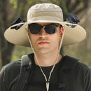 khaki Outdoor Sun Hat with Solar Fan Wide Brim 12cm - Rechargeable Cooling Cap for Fishing Hiking & Gardening - Adjustable 56-60cm