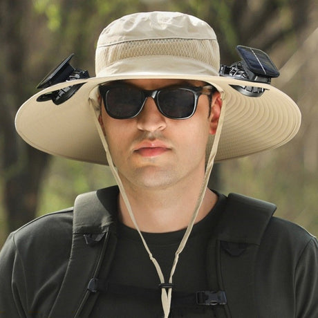 khaki Outdoor Sun Hat with Solar Fan Wide Brim 12cm - Rechargeable Cooling Cap for Fishing Hiking & Gardening - Adjustable 56-60cm